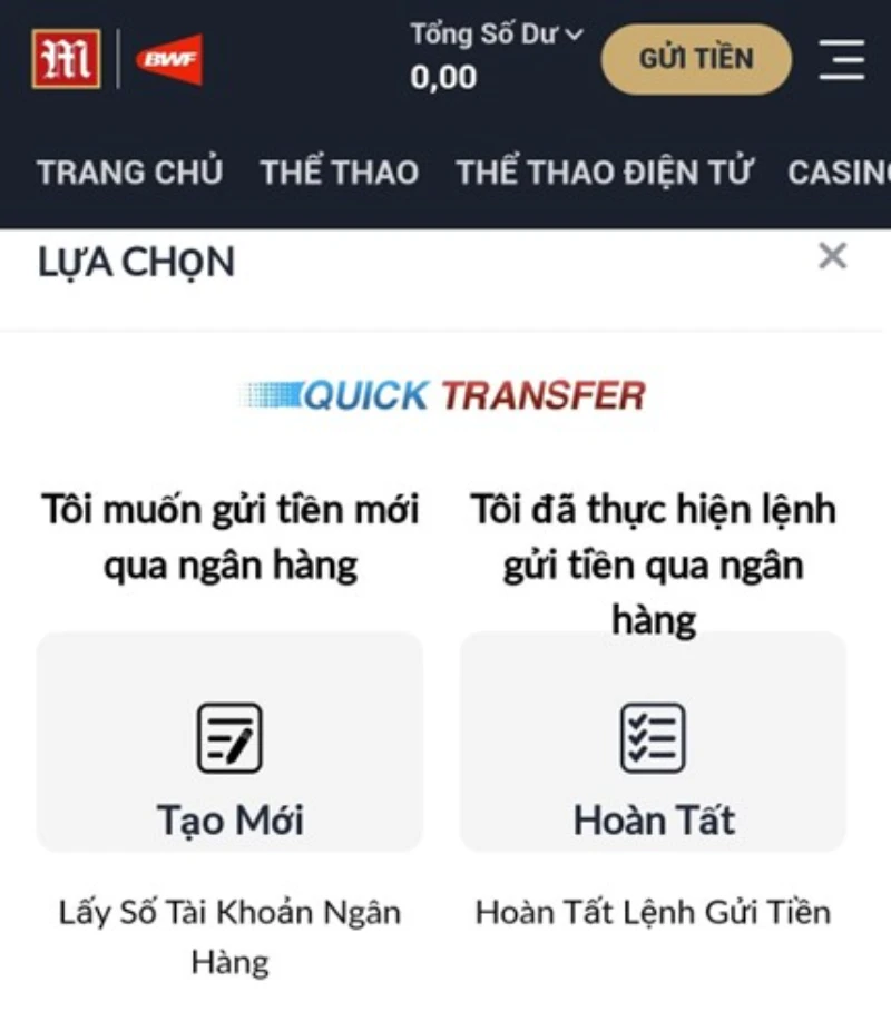 tạo số tài khoản nạp tiền M88