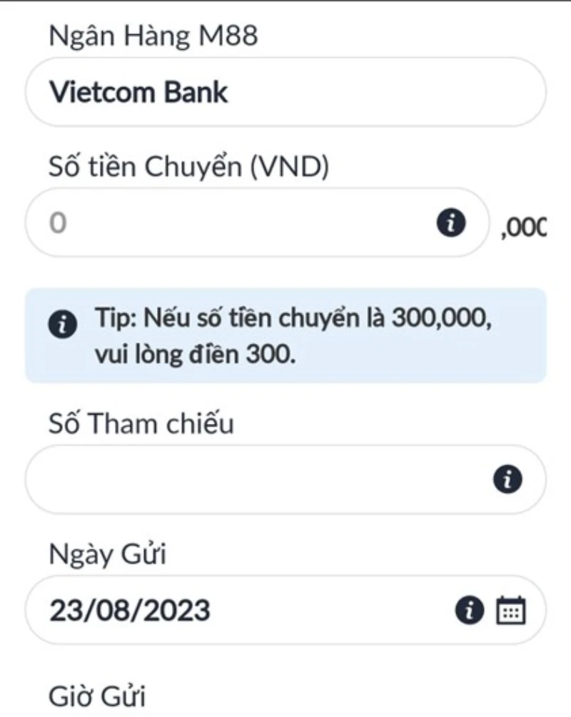 nhập số tiền chuyển M88