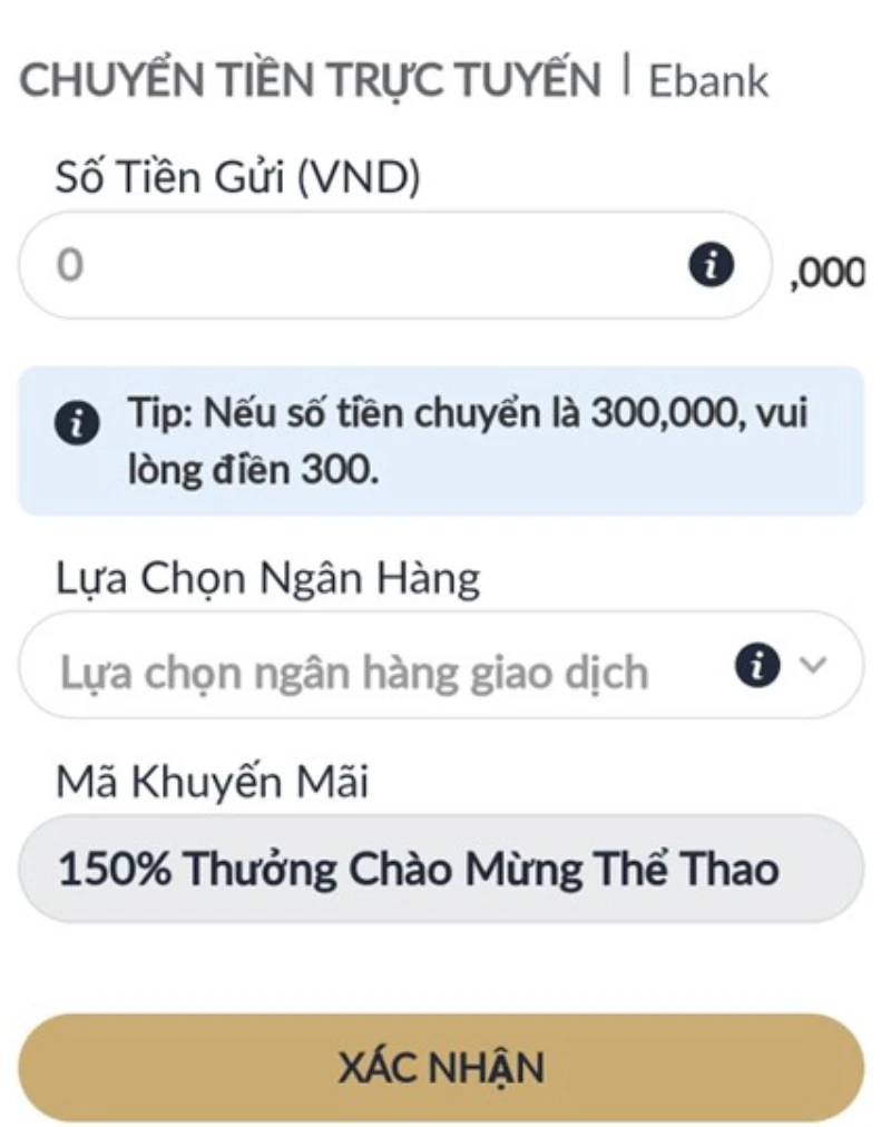 nhập số tiền chuyển M88